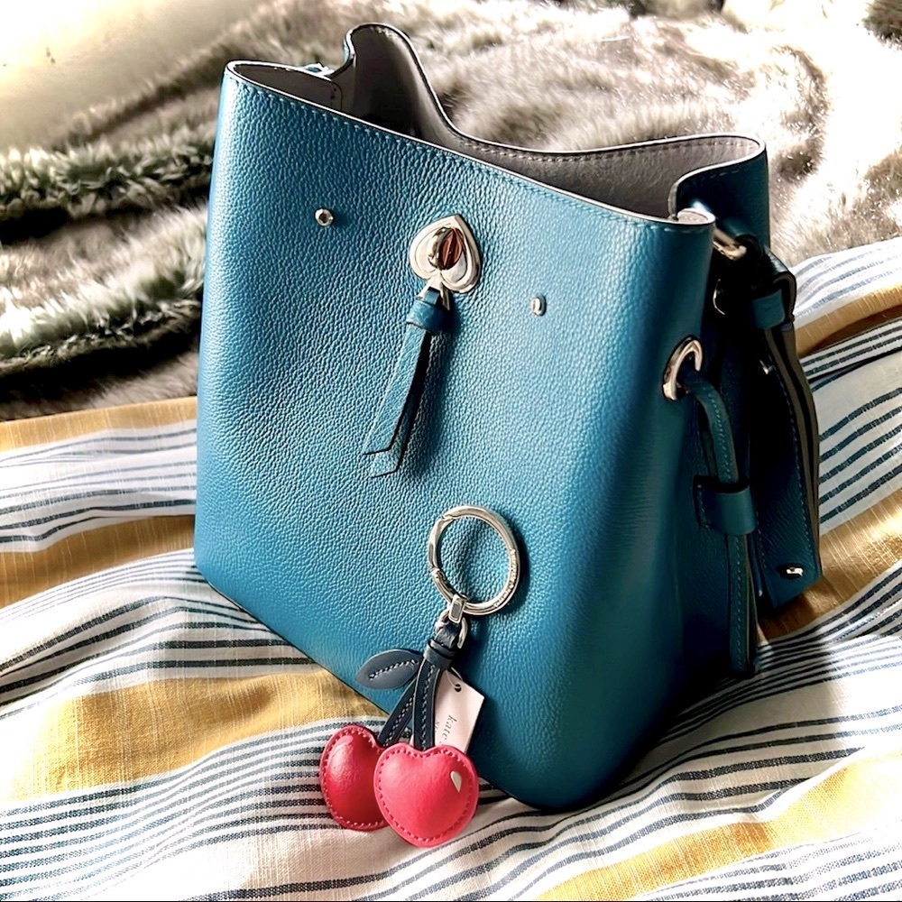 KATE SPADE Small Marti Bucket Blue + Cherry Charm Set NWT!